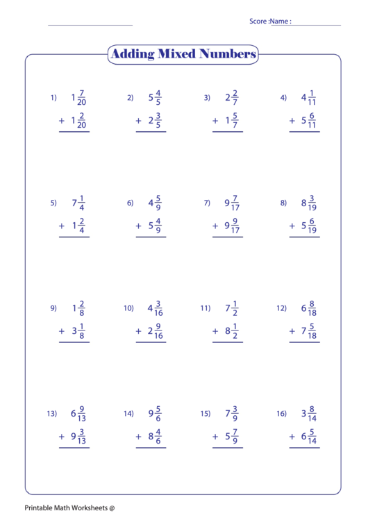 Adding Mixed Numbers Worksheet printable pdf download