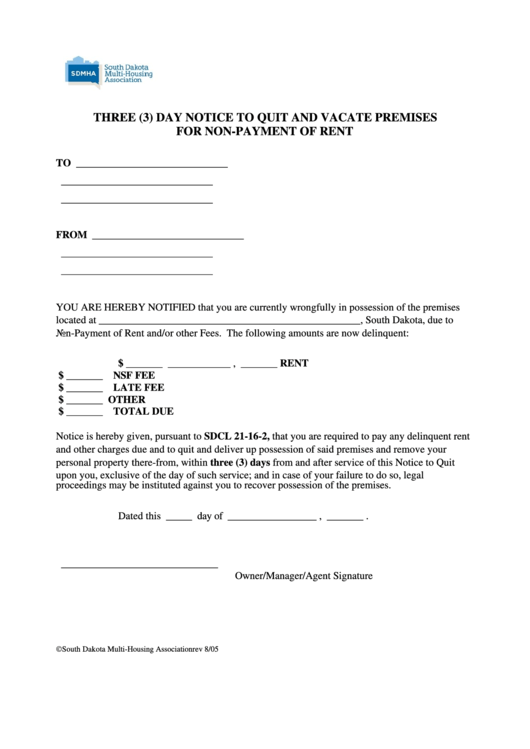 Fillable 3 Day Notice To Quit And Vacate Premises For NonPayment Of