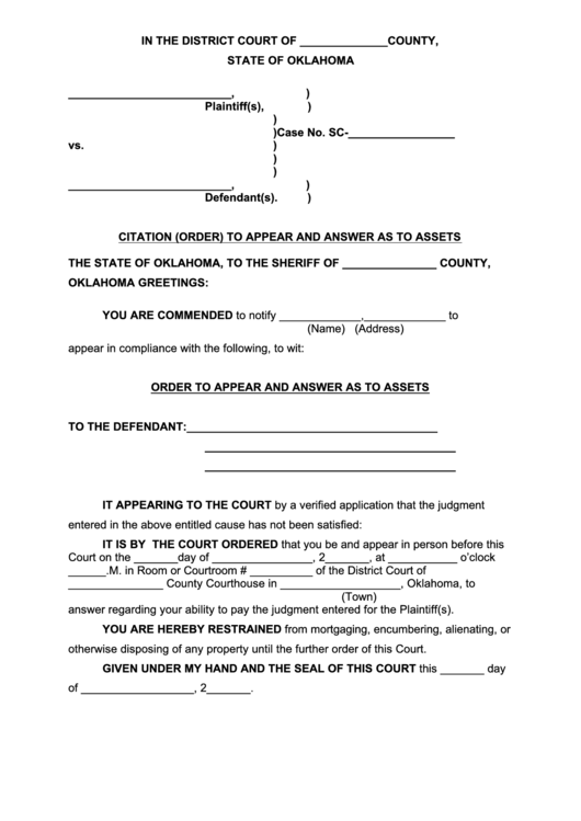 Citation Order To Appear And Answer As To Assets printable pdf download