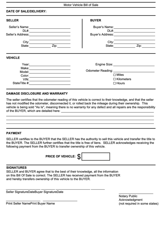 Fillable Motor Vehicle Bill Of Sale printable pdf download