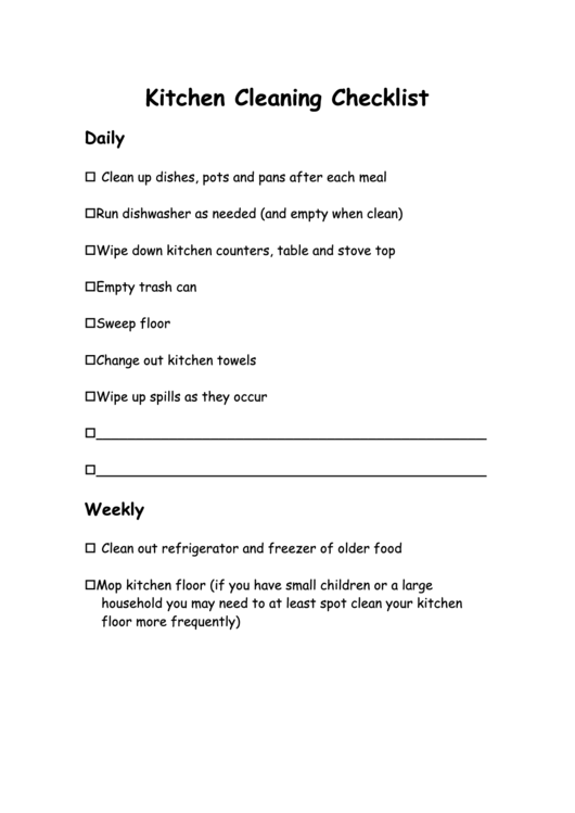 Kitchen Cleaning Checklist Template printable pdf download