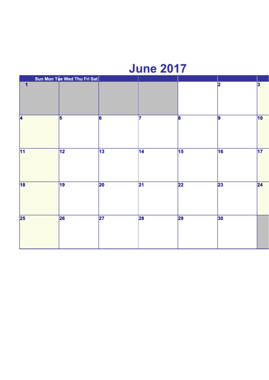 Calendar Template - June 2017 printable pdf download