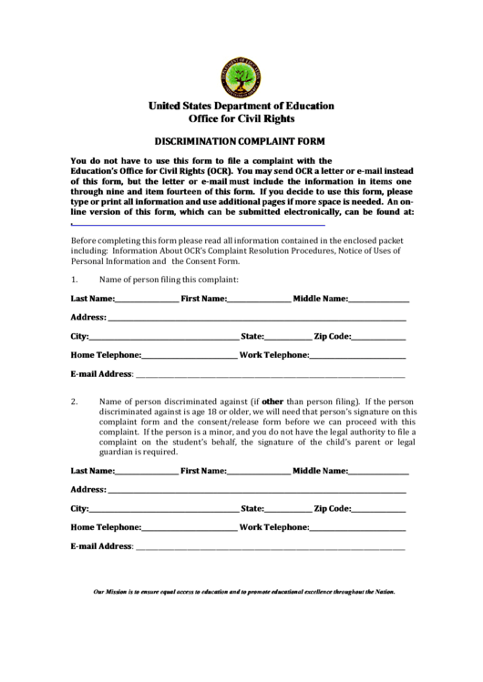 Fillable Discrimination Complaint Form printable pdf download
