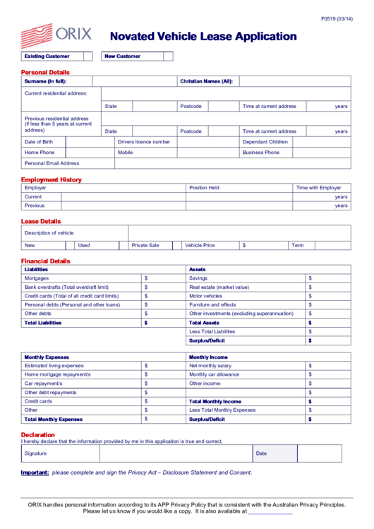 Novated Vehicle Lease Application printable pdf download