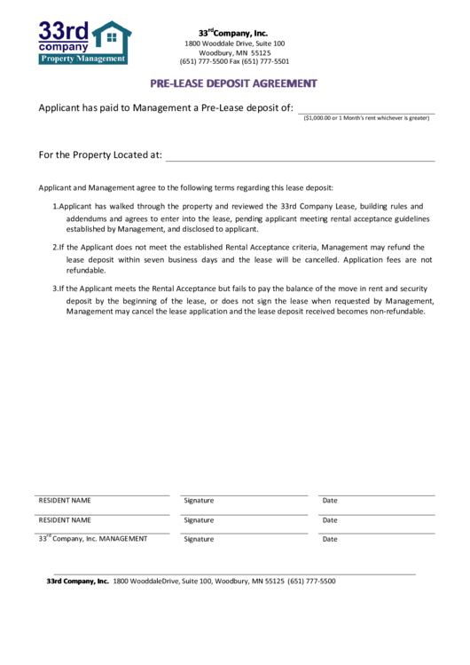 Pre-Lease Deposit Agreement printable pdf download