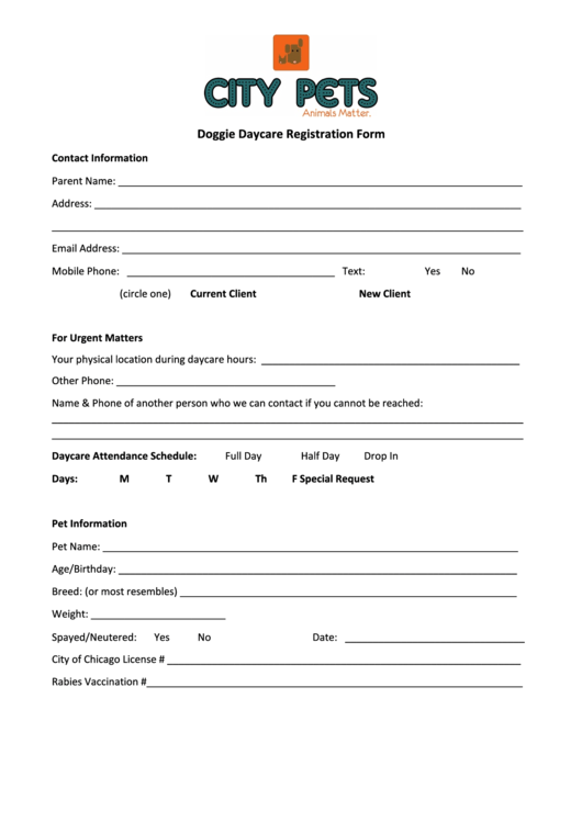 Doggie Daycare Registration Form printable pdf download