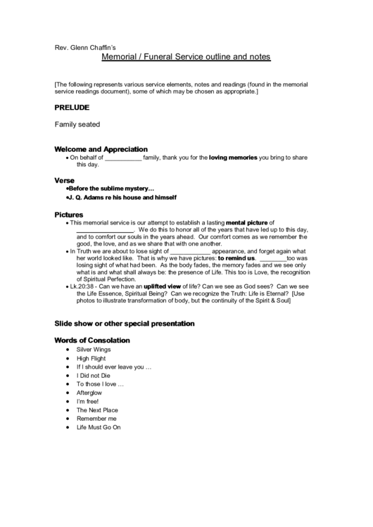 Memorial / Funeral Service Outline And Notes printable pdf download