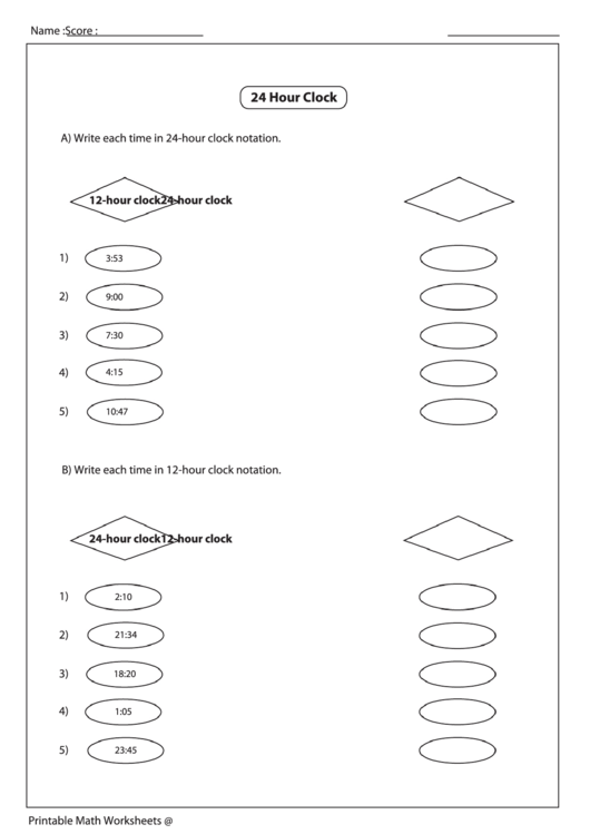 24 Hour Clock Worksheet printable pdf download