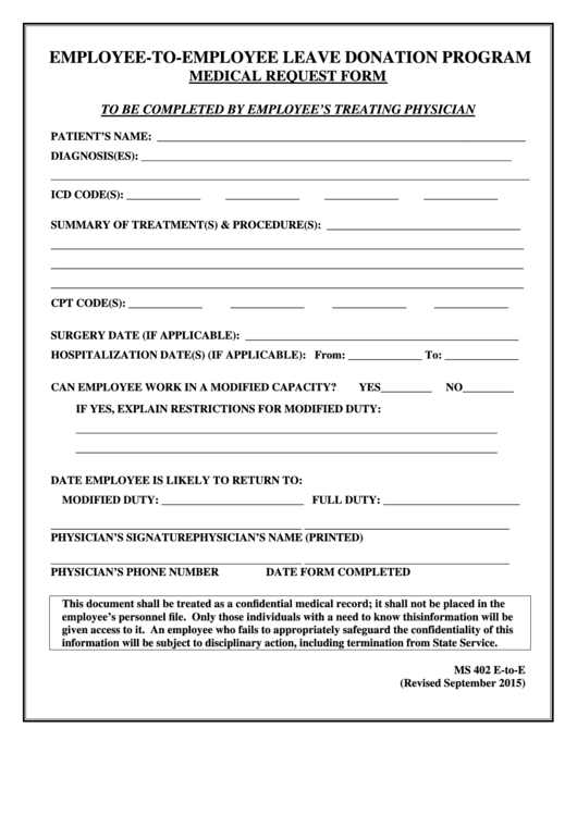 EmployeeToEmployee Leave Donation Program Medical Request Form