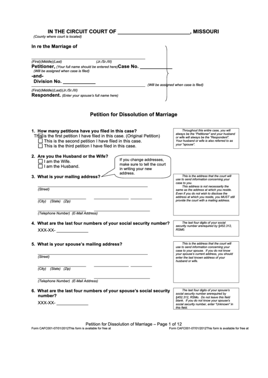 Fillable Petition For Dissolution Of Marriage printable pdf download
