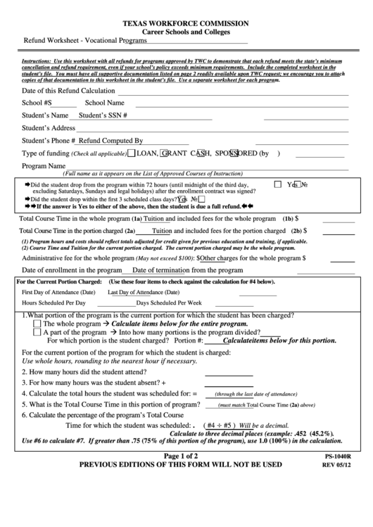 Fillable Form Ps1040r Texas Workforce Commission Refund Worksheet