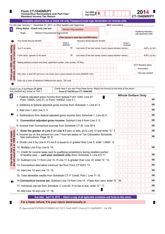 Form Ct1040nr/py Connecticut Nonresident And PartYear Resident