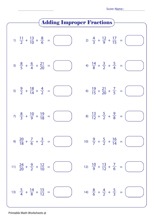 Adding Improper Fractions printable pdf download