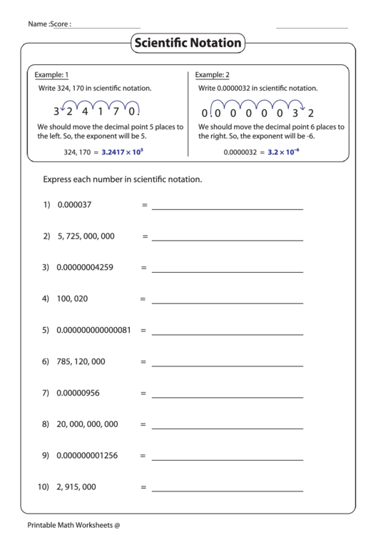 Scientific Notation printable pdf download
