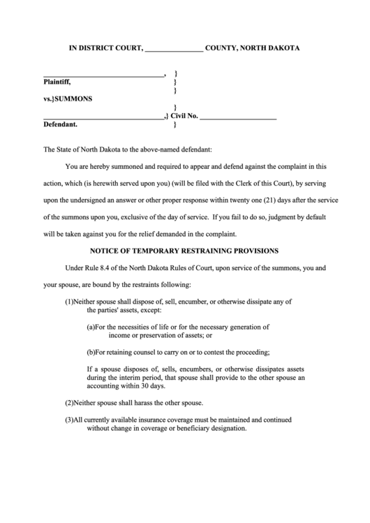 Summons North Dakota District Court printable pdf download