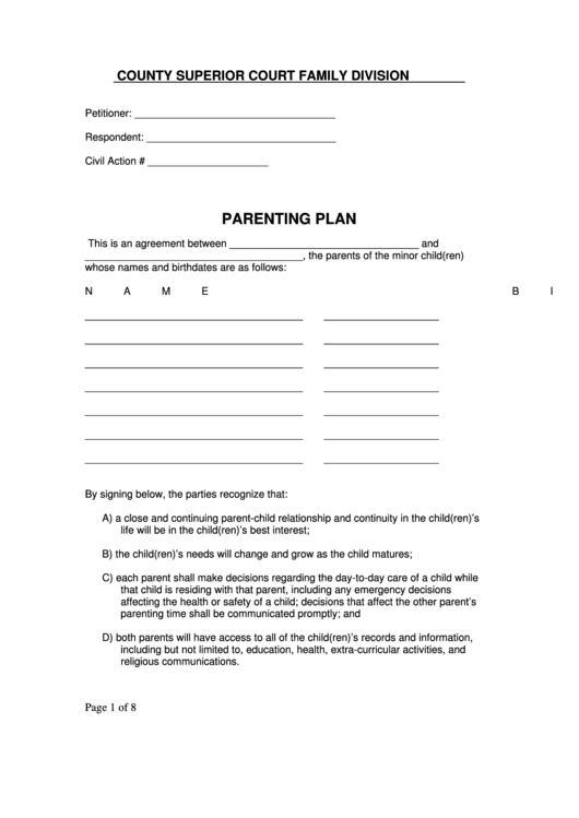 Fillable Parenting Plan printable pdf download