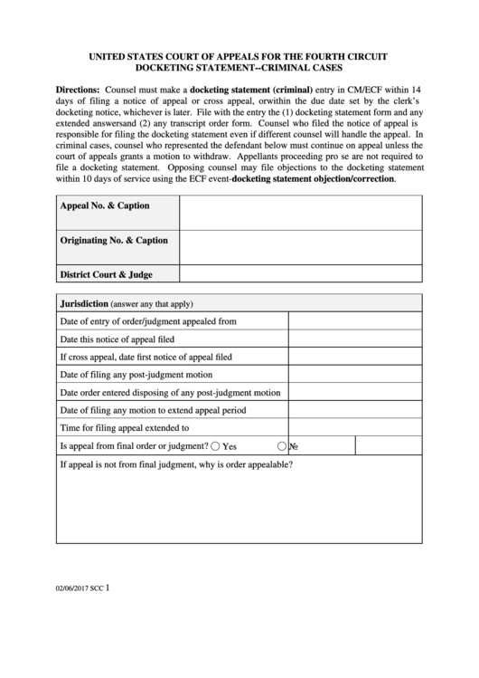 Fillable Docketing Statement Criminal Cases printable pdf download