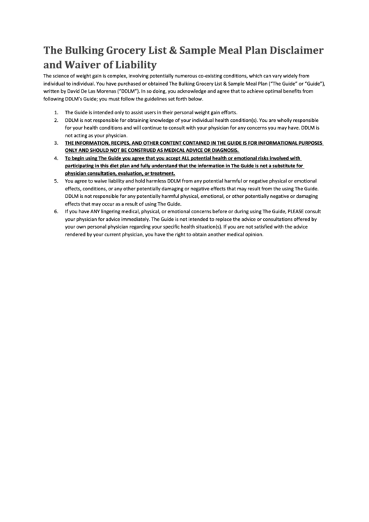 The Bulking Grocery List & Sample Meal Plan Disclaimer And Waiver Of