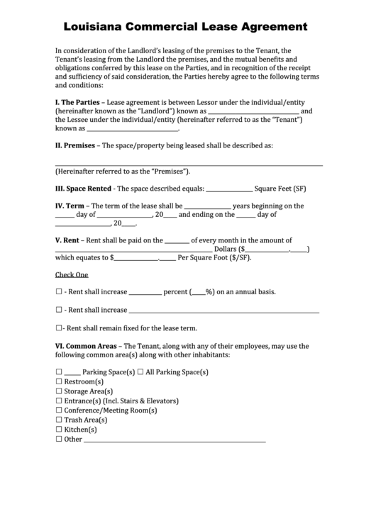 Fillable Louisiana Commercial Lease Agreement Template printable pdf