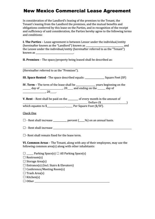 Fillable New Mexico Commercial Lease Agreement Template printable pdf