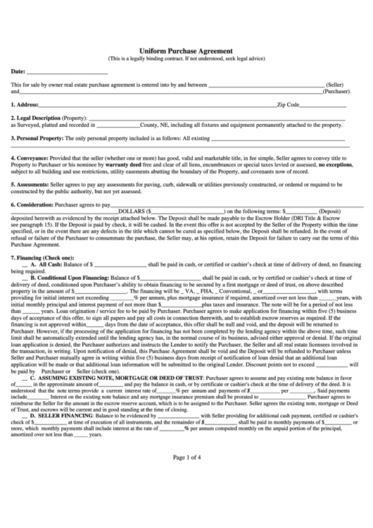 Fillable Uniform Purchase Agreement printable pdf download