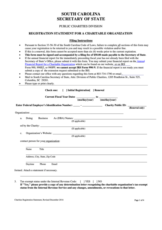 Fillable Registration Statement For A Charitable Organization South