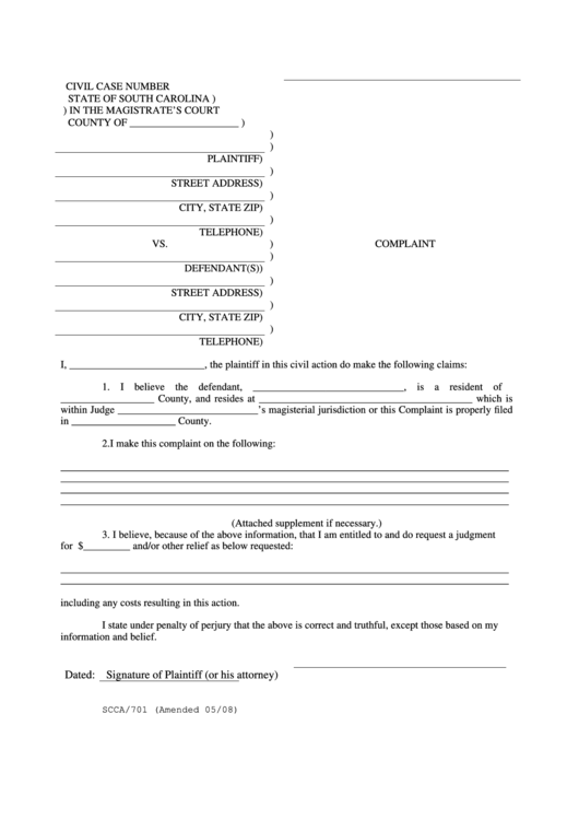 Complaint Magistrate'S Court, State Of South Carolina printable pdf