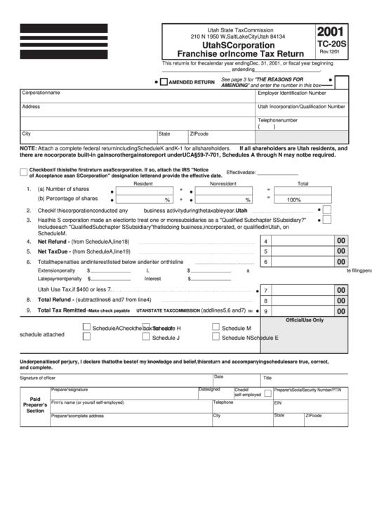 Utah S Corporation Franchise Or Tax Return 2001 printable pdf