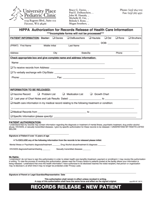 Medical Records Request University Place Pediatric Clinic printable
