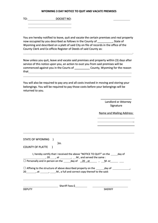 Fillable Wyoming 3 Day Notice To Quit And Vacate Premises printable pdf
