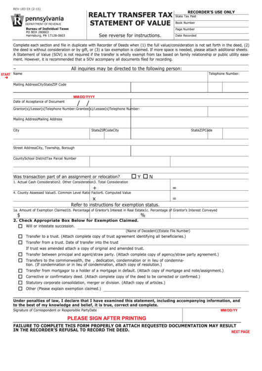 Fillable Realty Transfer Tax Statement Of Value printable pdf download