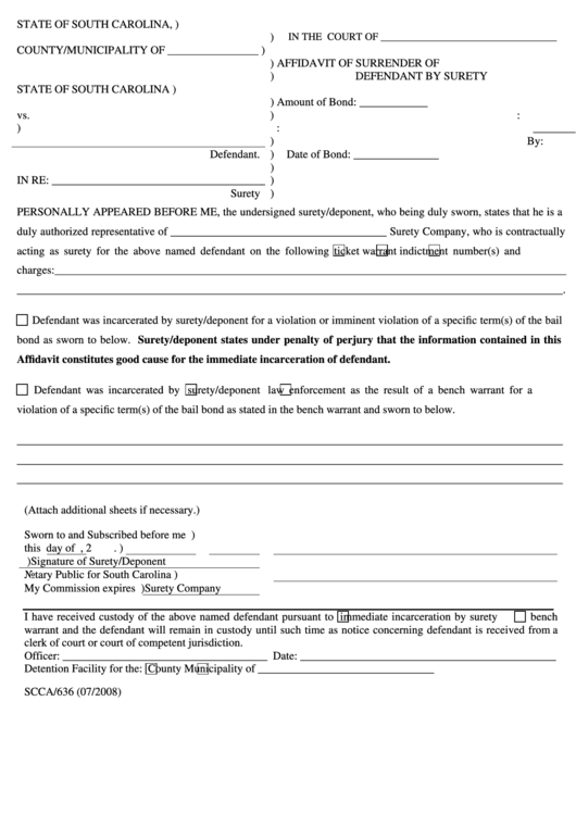 Affidavit Of Surrender Of Defendant By Surety printable pdf download