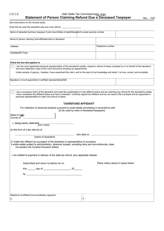 Statement Of Person Claiming Refund Due A Deceased Taxpayer printable pdf download