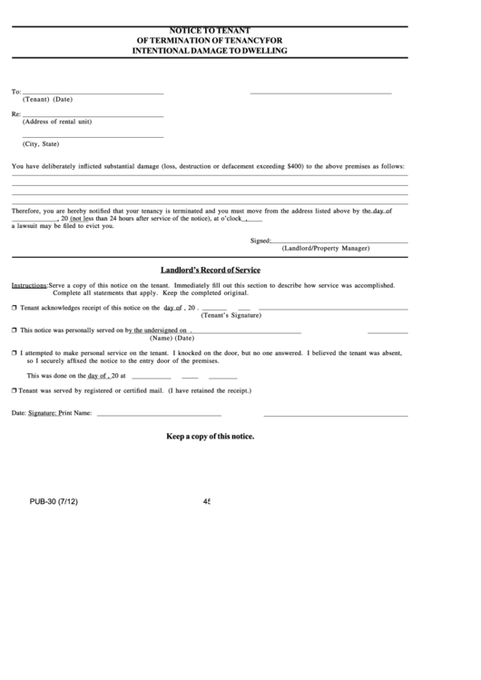 Notice To Tenant Of Termination Of Tenancy For Intentional Damage To