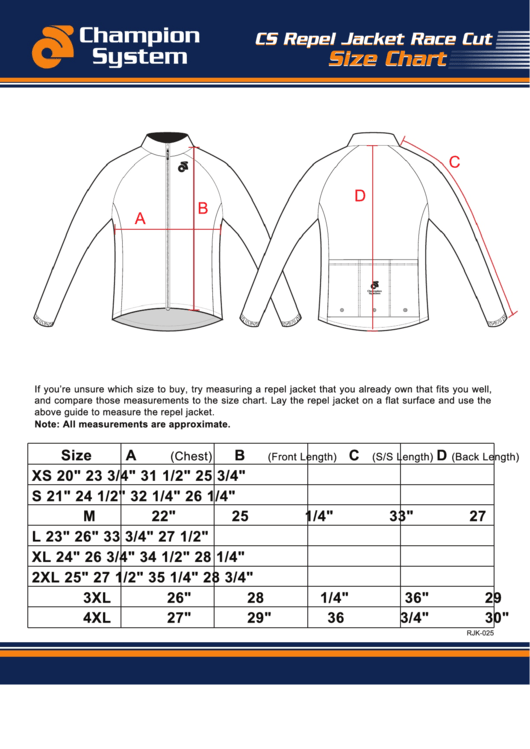 Champion System Repel Jacket Race Cut Size Chart printable pdf download