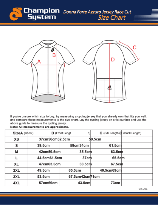Champion System Donna Forte Azzuro Jersey Race Cut Size Chart printable