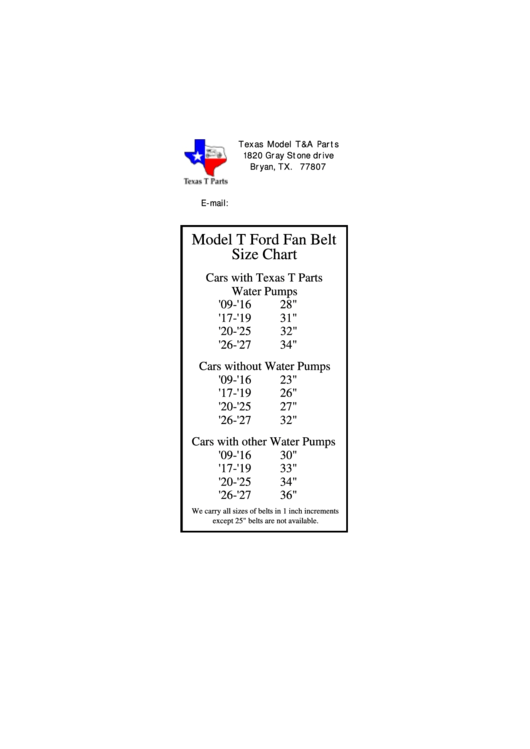 Model T Ford Fan Belt Size Chart printable pdf download