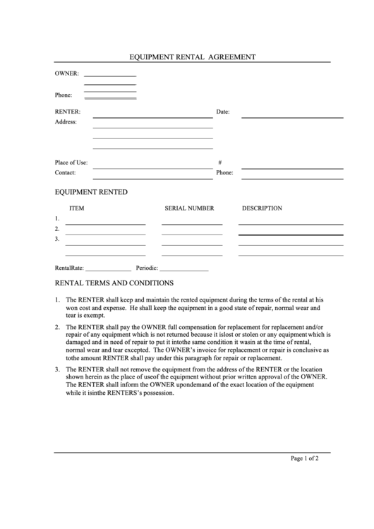Fillable Equipment Rental Agreement printable pdf download
