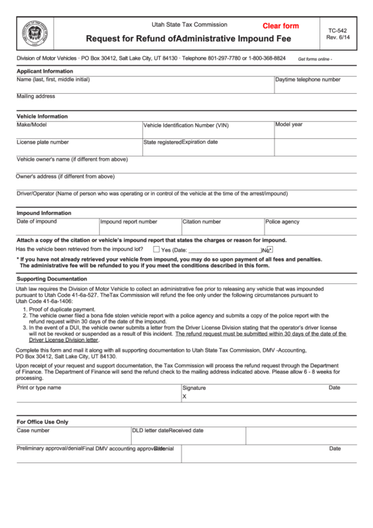 Fillable Request For Refund Of Administrative Impound Fee Tc542
