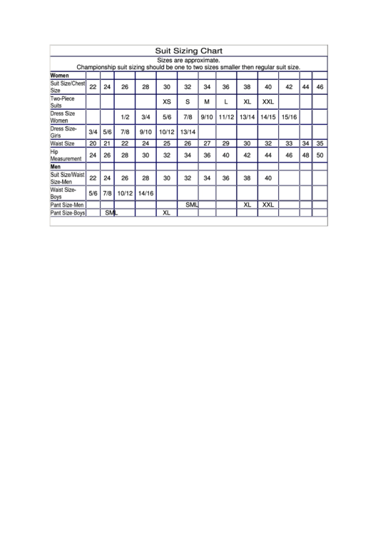 Elsmore Swim Suit Sizing Chart printable pdf download