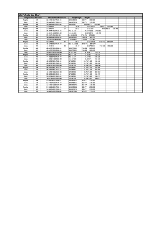 Men'S Suits Size Chart printable pdf download
