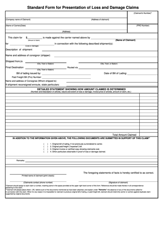 Standard Form For Presentation Of Loss And Damage Claims printable pdf