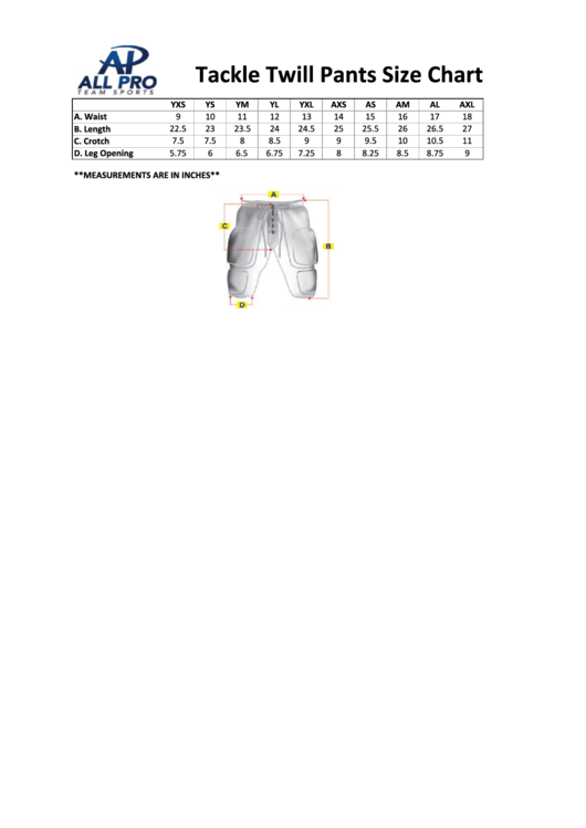 All Pro Tackle Twill Pants Size Chart printable pdf download
