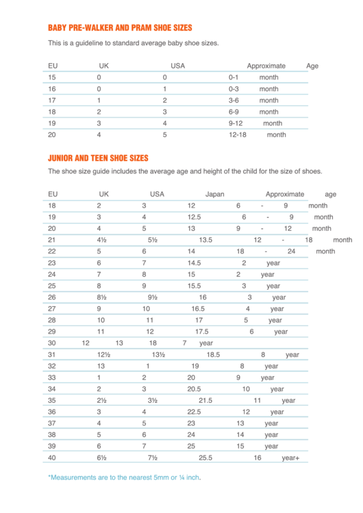 Baby PreWalker, Pram, Junior And Teen Shoe Size Chart printable pdf