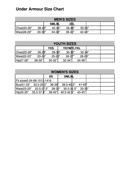 Under Armour Size Chart printable pdf download