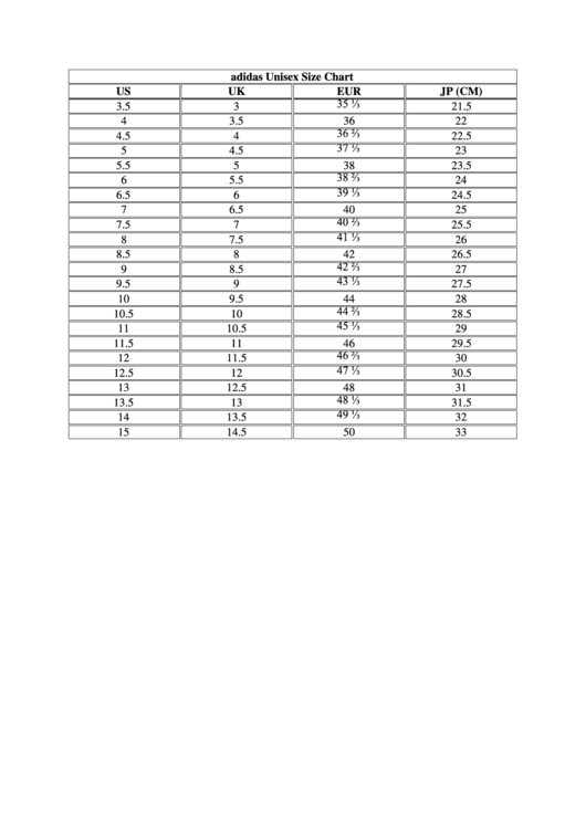 Adidas Unisex Size Chart printable pdf download