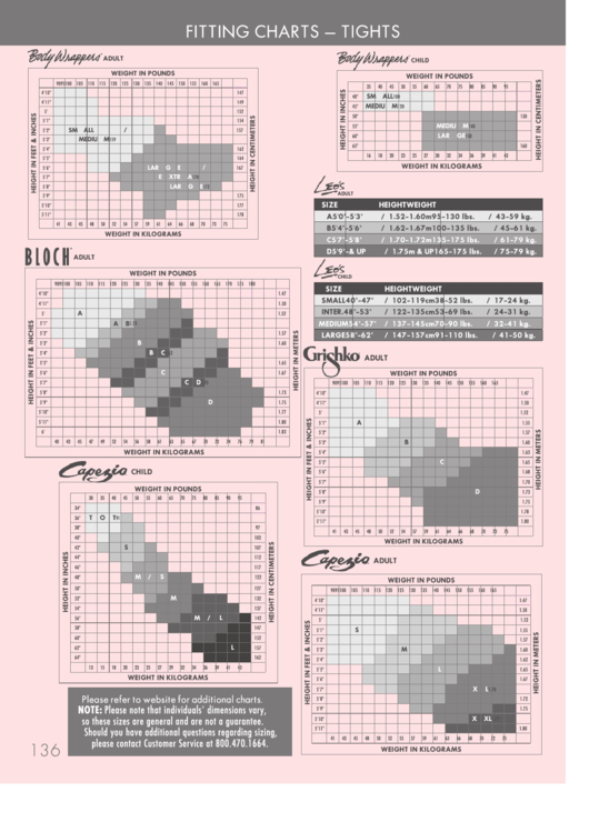 Mobile Ballet Tights Fitting Charts printable pdf download