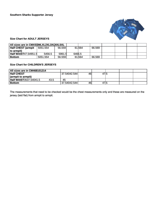 Southern Sharks Supporter Jersey Size Chart printable pdf download