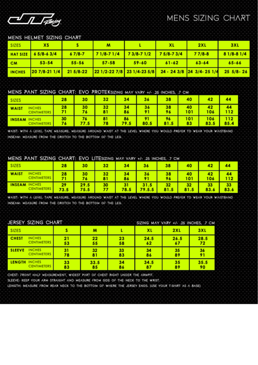 Jt Racing Mens Sizing Chart printable pdf download
