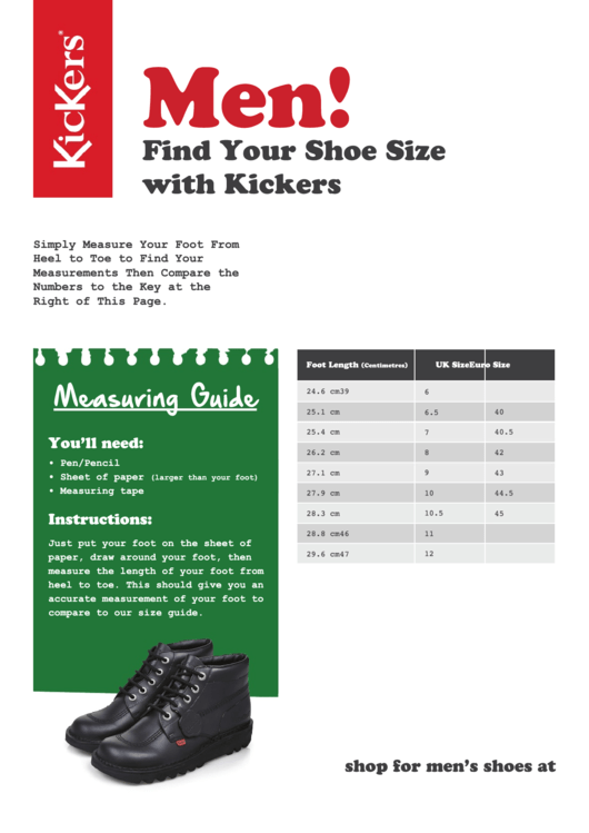 Kickers Men'S Shoe Size Guide printable pdf download